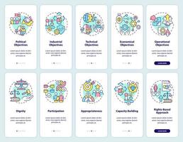 conjunto de pantalla de aplicación móvil de incorporación de cooperación internacional. tutorial de desarrollo 5 pasos páginas de instrucciones gráficas con conceptos lineales. interfaz de usuario, ux, plantilla de interfaz gráfica de usuario. vector