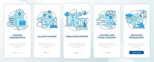 Social planning instances blue onboarding mobile app screen. Walkthrough 5 steps graphic instructions pages with linear concepts. UI, UX, GUI template. vector