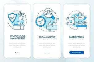 Social planning organizes blue onboarding mobile app screen. Walkthrough 3 steps graphic instructions pages with linear concepts. UI, UX, GUI template. vector