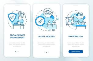 la planificación social organiza la pantalla azul de la aplicación móvil de incorporación. tutorial 3 pasos páginas de instrucciones gráficas con conceptos lineales. interfaz de usuario, ux, plantilla de interfaz gráfica de usuario. vector