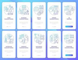 Manufacturing business blue gradient onboarding mobile app screen set. Walkthrough 5 steps graphic instructions pages with linear concepts. UI, UX, GUI template. vector