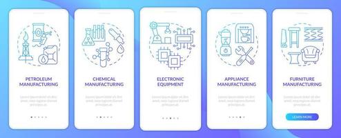 subsectores de producción pantalla de aplicación móvil de incorporación de gradiente azul. tutorial 5 pasos páginas de instrucciones gráficas con conceptos lineales. interfaz de usuario, ux, plantilla de interfaz gráfica de usuario. vector