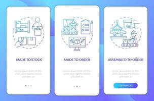 Types of products blue gradient onboarding mobile app screen. Walkthrough 3 steps graphic instructions pages with linear concepts. UI, UX, GUI template. vector