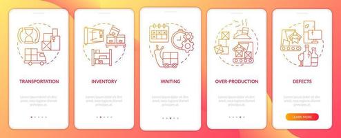Types of muda red gradient onboarding mobile app screen. Production waste walkthrough 5 steps graphic instructions pages with linear concepts. UI, UX, GUI template. vector