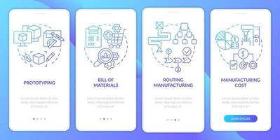 Manufacturing stages blue gradient onboarding mobile app screen. Walkthrough 4 steps graphic instructions pages with linear concepts. UI, UX, GUI template. vector