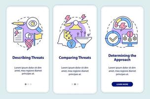 hacer frente a las amenazas de seguridad nacional incorporando la pantalla de la aplicación móvil. tutorial 3 pasos páginas de instrucciones gráficas con conceptos lineales. interfaz de usuario, ux, plantilla de interfaz gráfica de usuario. vector