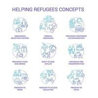 Helping refugees blue gradient concept icons set. International asylum seekers assistance idea thin line color illustrations. Isolated symbols. vector