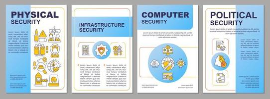 Components of state security blue brochure template. Homeland safety. Leaflet design with linear icons. 4 vector layouts for presentation, annual reports.