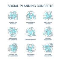 Social planning turquoise concept icons set. Society issues. Community changes idea thin line color illustrations. Isolated symbols. Editable stroke. vector