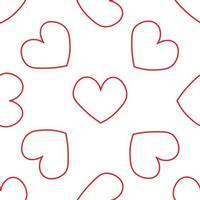 Red hearts in line style. Seamless romantic pattern. Colorful doodle hearts on white vector background. Ready template for design, postcards, print, poster, party, Valentine's day, vintage textile.