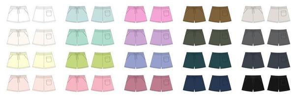 Set of technical sketch shorts pants design template. Casual shorts with pockets and lace collection vector