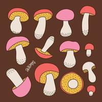 Set of Hand drawn colorful forest wild assorted edible mushrooms. Can be used for menu design, label, icon, recipe, packaging, web. Botanical sketch linear vector collection