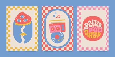Groovy poster set in flat cartoon style with slogan, retro music and trippy mushroom. Graphic checkered background. Retro 60s 70s psychedelic design. Abstract hippie illustration vector