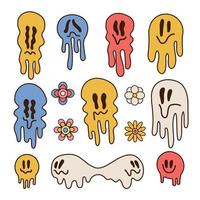 Melting psychedelic smiling faces set, colorful dripping groovy characters. Crazy smile emoji, facial expressions collection. Dripping smiling emoji faces. Vector illustration