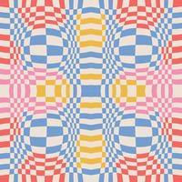 Optical illusion checkered abstract seamless pattern. Colorful background, chess board tiles with psychedelic spherical volume, geometric checker op art. Vector simple flat illustration.