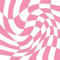 Psychedelic groovy warped pink and white check pattern. Trippy simple background. Flat vector illustration.