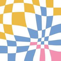 Distorted multi colored checkered background in retro 70s style. Yellow, pink, blue colors cages. Vector Groovy geometric pattern illustration.