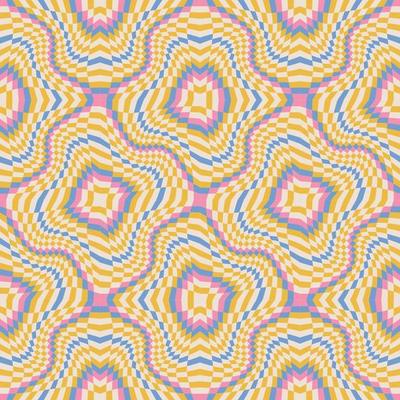 Colorful Groovy Wavy Melted Psychedelic Checkerboard Y2K 90s seamless pattern. Retro hippie trippy optical repeat texture wallpaper, textile design. Vector illustration.