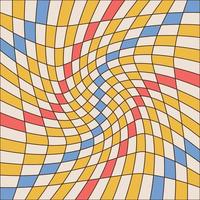 Twisted checkered colorful background with linear contour. Abstract vector cell pattern in 70s groovy style. Retro wavy psychedelic checkerboard backdrop