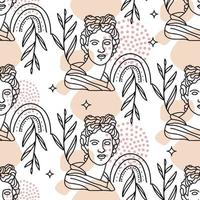 Antique Greek Bust Sculpture seamless pattern. Abstract shpes with floral elements. Hand drawn vector illustration for textile, background, wallpaper, poster template