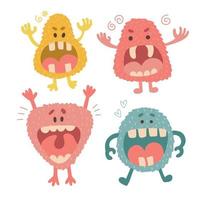 Set of funny screaming Monsters with big open mouths and big teeth. Cute beast childish characters. Flat hand drawn vector illustration.