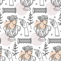 Greek ancient sculpture seamless pattern with abstract linear elements. Background with ancient statues, column and branch in trendy weird style. Outline hand drawn vector illustration.