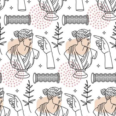 Greek ancient sculpture seamless pattern with abstract linear elements. Background with ancient statues, column and branch in trendy weird style. Outline hand drawn vector illustration.