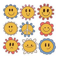 conjunto de flor de paz de cara de personaje sonriente retro de los años 70. colección floral hippie. imágenes prediseñadas de la naturaleza feliz. los niños diseñan un elemento aislado. ilustración de arte ingenuo vectorial dibujado a mano.