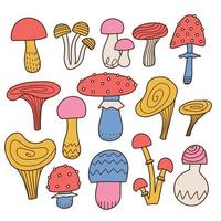 A set of various mushrooms drawn by hand. Retro 70s contour style Mushrooms. Linear Vector eps illustration.