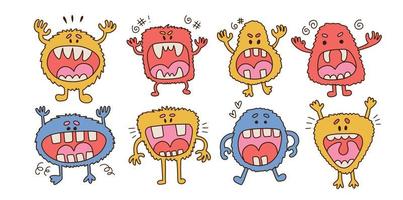 Happy Halloween characters. Monster icon line set. Cute linear sketch cartoon baby beasts. Funny face with open mouths. Hands up. Flat vector design isolated on White background.
