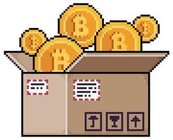 Pixel art bitcoins in cardboard box. Cryptocurrency order vector icon for 8bit game on white background