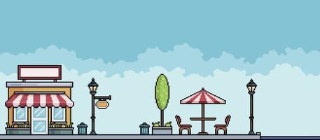 Pixel art store in park square with tree, poles and table Urban landscape. Cityscape background for 8bit game vector