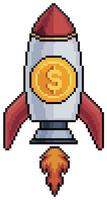 cohete de arte de píxeles con dinero y monedas. icono de vector de crecimiento empresarial para juego de 8 bits sobre fondo blanco