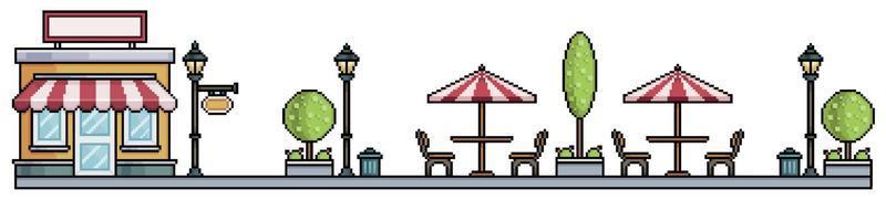 Pixel art urban square with shop park with tree, flowerbeds, benches, tables, pots and trash can Urban landscape. Cityscape background for 8bit game vector