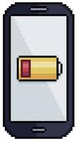 teléfono celular de pixel art con icono de vector de batería agotada para juego de 8 bits sobre fondo blanco