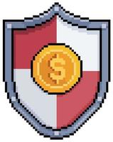 Pixel art shield with coin. safe investment vector icon for 8bit game on white background