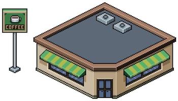 edificio de cafetería isométrica de pixel art en la ciudad para juego 8bit 16bit vector