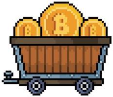 Pixel art bitcoin ore cart, cryptocurrency mining vector icon for 8bit game on white background