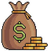 bolsa de dinero de pixel art y pila de monedas. inversiones, finanzas y negocios. Icono de juego de 8 bits sobre fondo blanco. vector