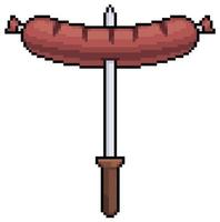 Pixel art grilled sausage on fork vector icon for 8bit game on white background