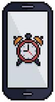 teléfono celular de arte de píxeles con icono de vector de icono de reloj de alarma para juego de 8 bits sobre fondo blanco