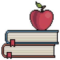 Pixel art books with apple. study notebook vector icon for 8bit game on white background