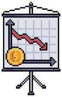 Pixel art board with investment chart. Banner earnings analysis vector icon for 8bit game on white background