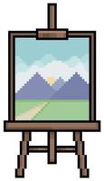 Pixel art wooden easel with painting frame vector icon for 8bit game on white background