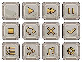 Pixel art stone buttons for game and app interface vector icon for 8bit game on white background