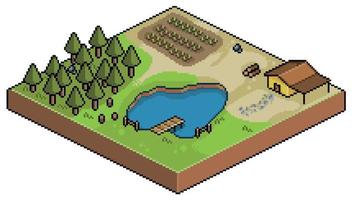 Pixel art isometric farm, plantation, house, lake, vector 8bit game scenario