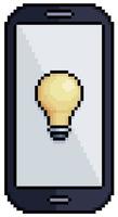 teléfono celular de pixel art con icono de bombilla icono de vector para juego de 8 bits sobre fondo blanco