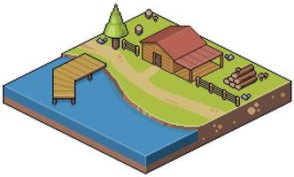 pixel art paisaje isométrico casa en el lago y campamento de verano fondo de juego de 8 bits vector
