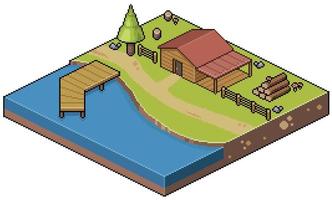 Pixel art Isometric landscape house on the lake and summer camp 8 bit game backdrop vector