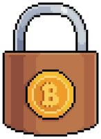 Pixel art bitcoin padlock, secure investment in cryptocurrencies. 8bit game item on white background vector